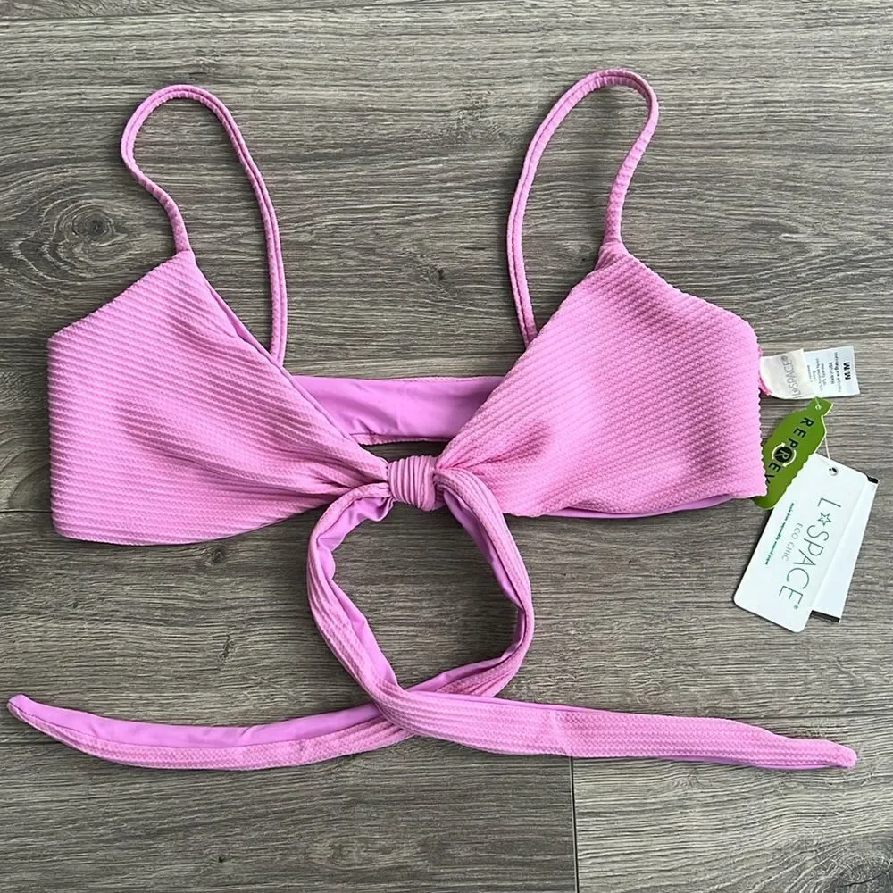 L*SPACE Chloe Ribbed Bikini Top Medium Tie Waist Adjustable Rosebud Purple Pink